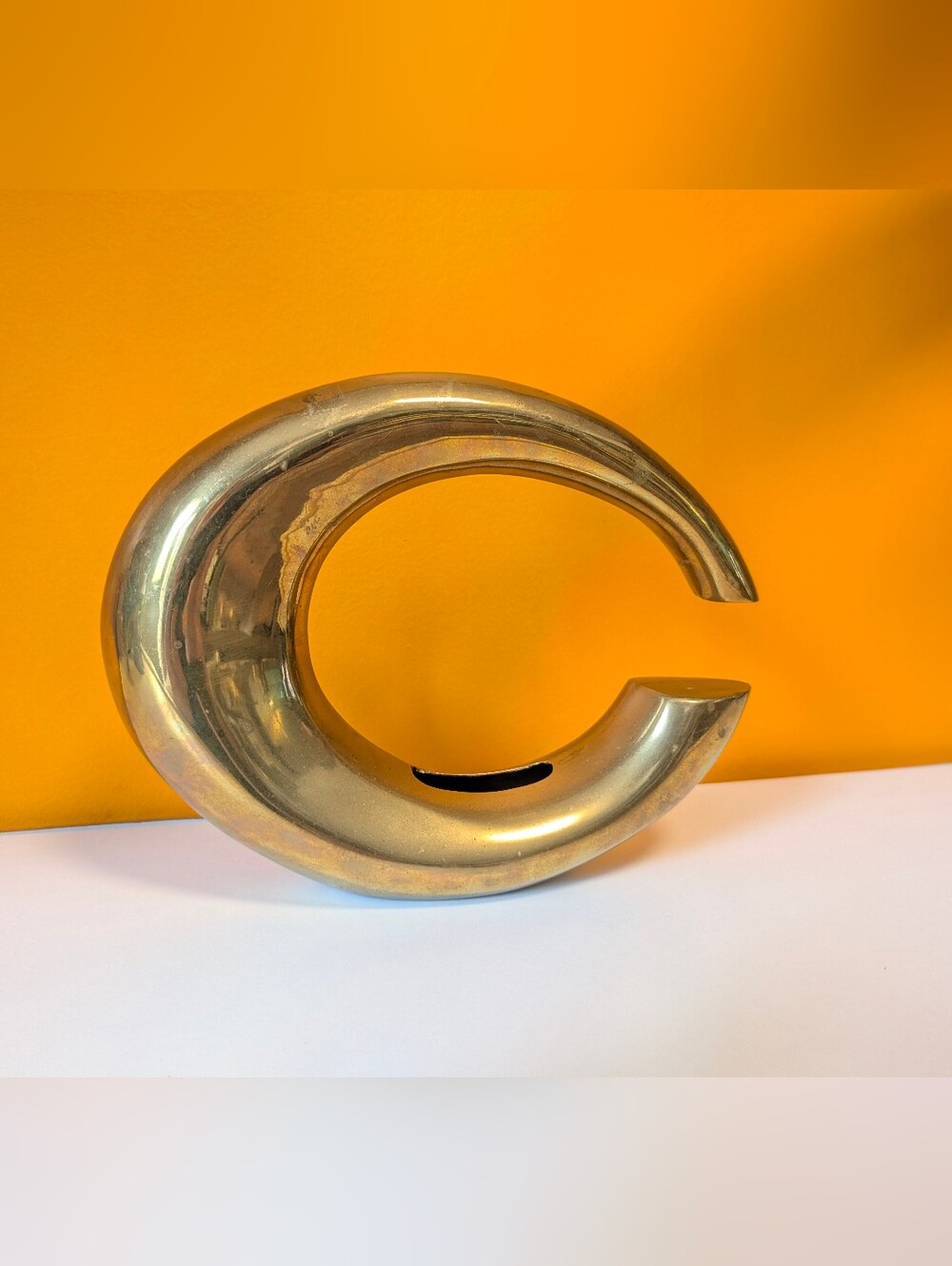 Vintage Brass Ikebana Sculptural Crescent Vase Art Deco Revival 80s Glam C Shape